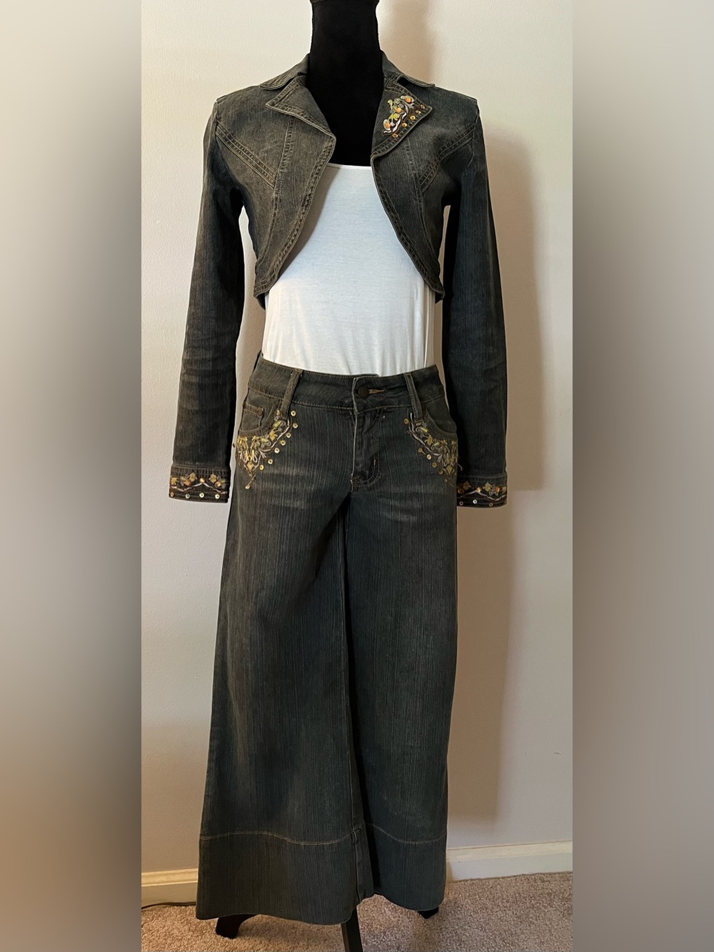 Vintage y2k Elite Jeans Jacket Set size 3/4 low rise, gaucho, bolero cropped